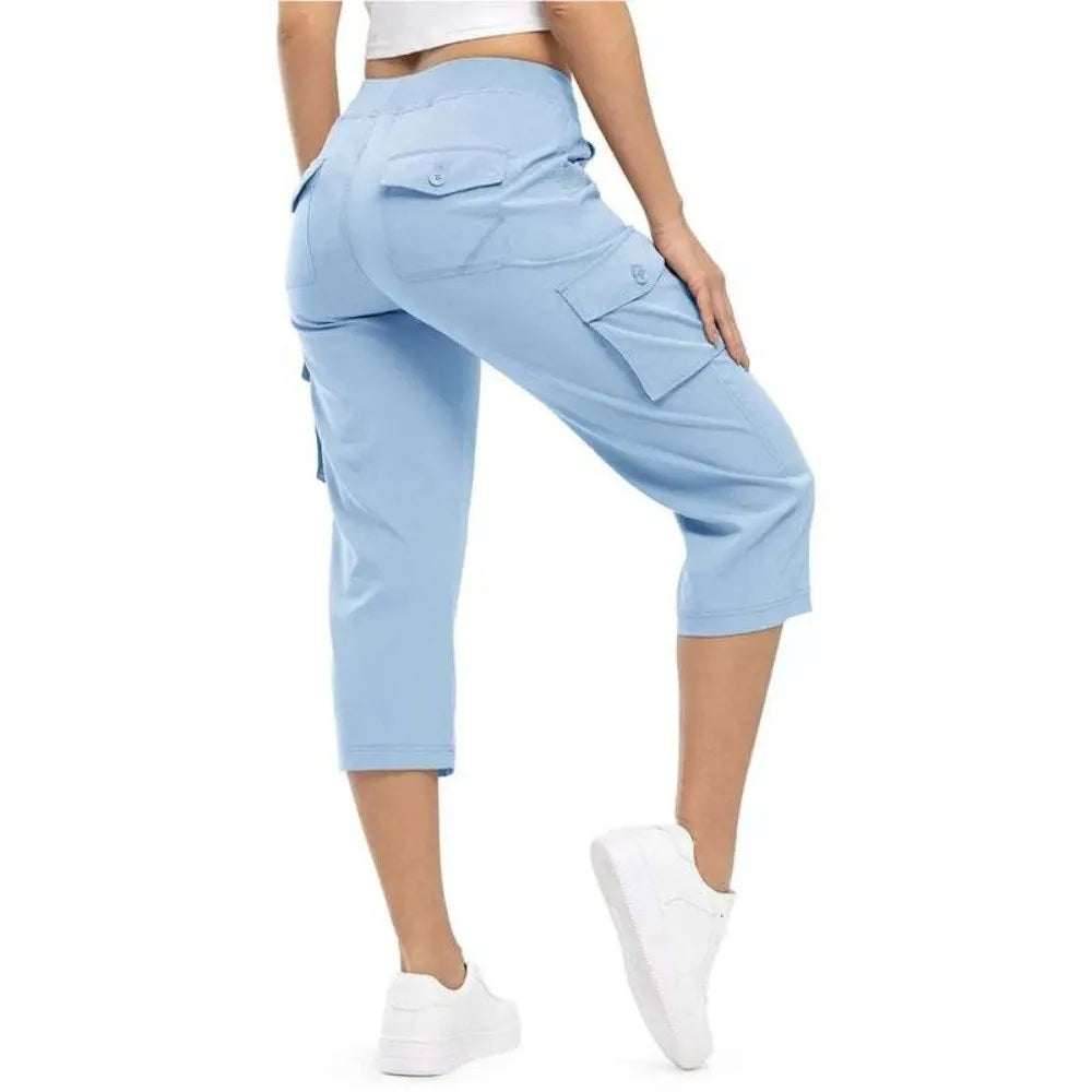 Quick Dry Fabric Women’s Hiking Pants Lightweight Feel Elastic Waistband Capri Pants Multiple Pockets Cropped Length Cargo Pants