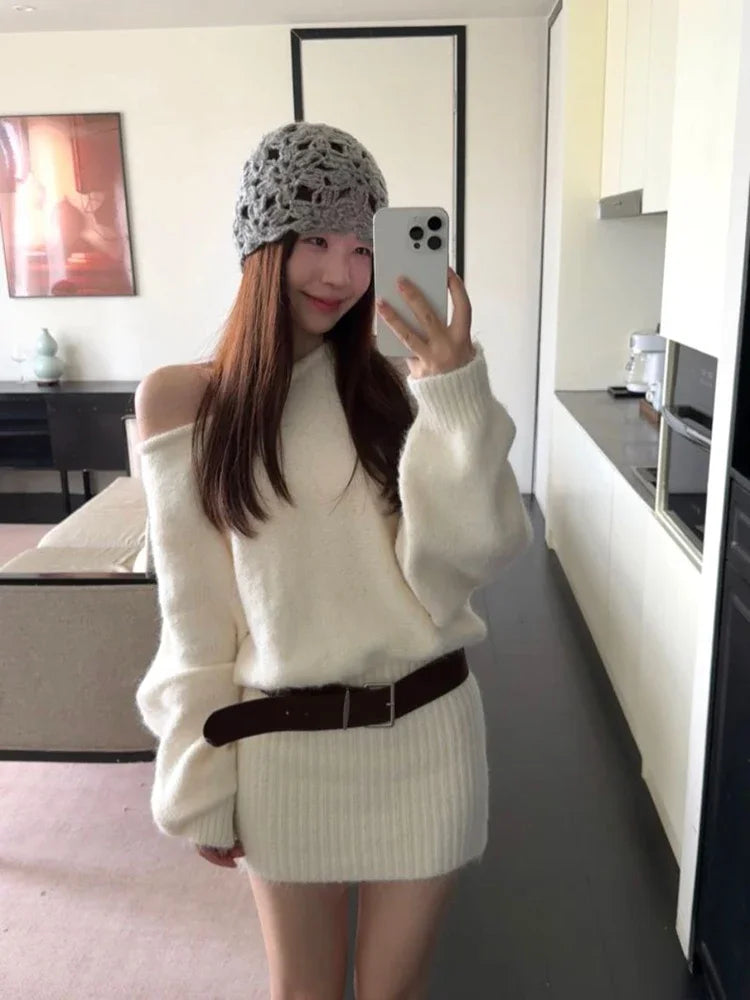 Off Shoulder Knit Mini Dress Women Slant Collar Long Sleeve Belt Autumn Dresses French Elegant Solid Sweet Aesthetic Retro Dress