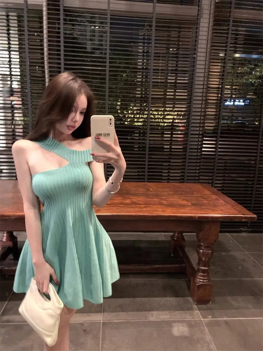 Women's Off Shoulder Knit Mini Dress Hollow Out Chest Flared Skirt Solid Color Party Evening Dress
