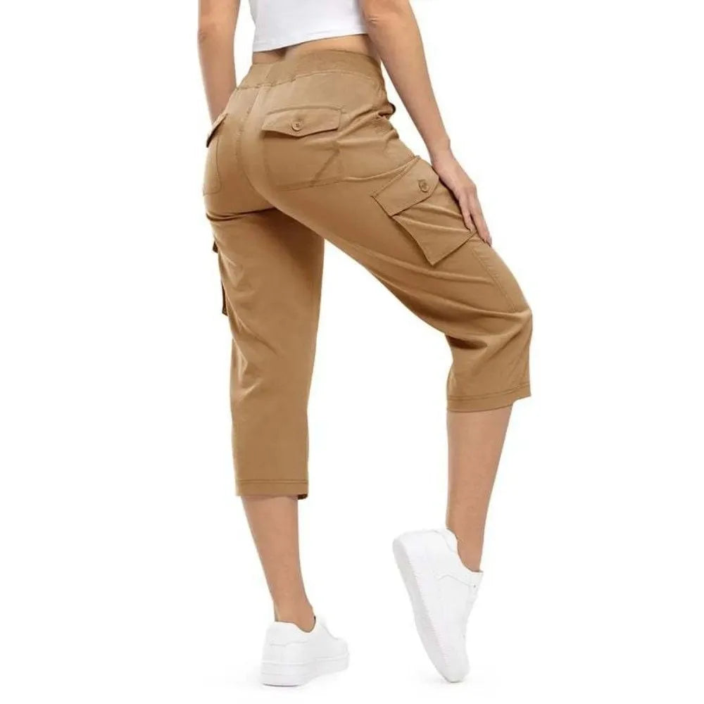 Quick Dry Fabric Women’s Hiking Pants Lightweight Feel Elastic Waistband Capri Pants Multiple Pockets Cropped Length Cargo Pants