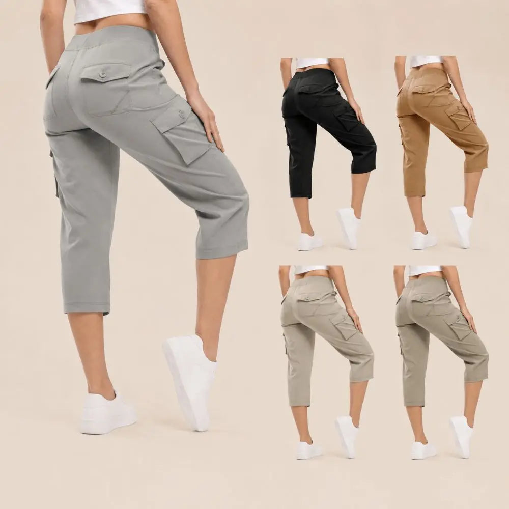 Quick Dry Fabric Women’s Hiking Pants Lightweight Feel Elastic Waistband Capri Pants Multiple Pockets Cropped Length Cargo Pants