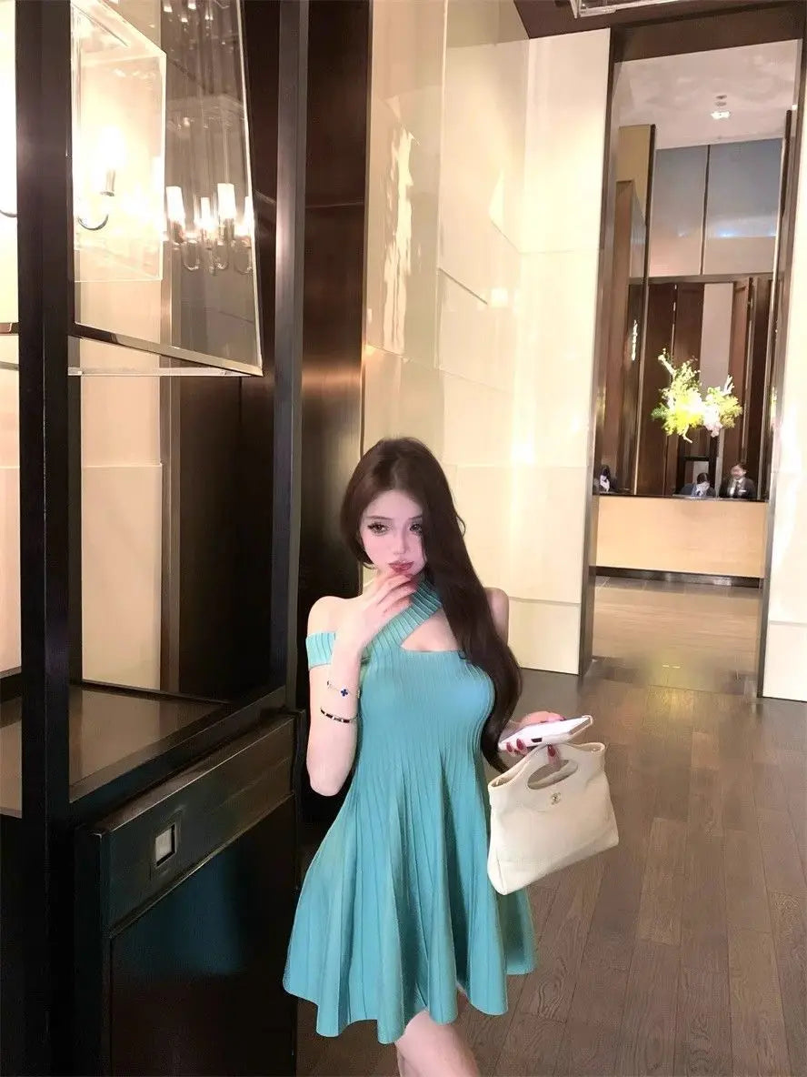 Women's Off Shoulder Knit Mini Dress Hollow Out Chest Flared Skirt Solid Color Party Evening Dress