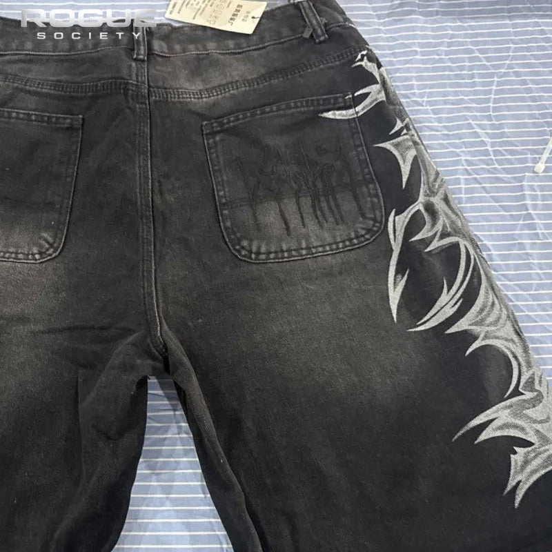 Summer Bermuda HipHop Y2k Baggy Men Jorts Gothic Graphic Print Distressed Wide Leg Denim Shorts Vintage Casual HighStreet Jeans
