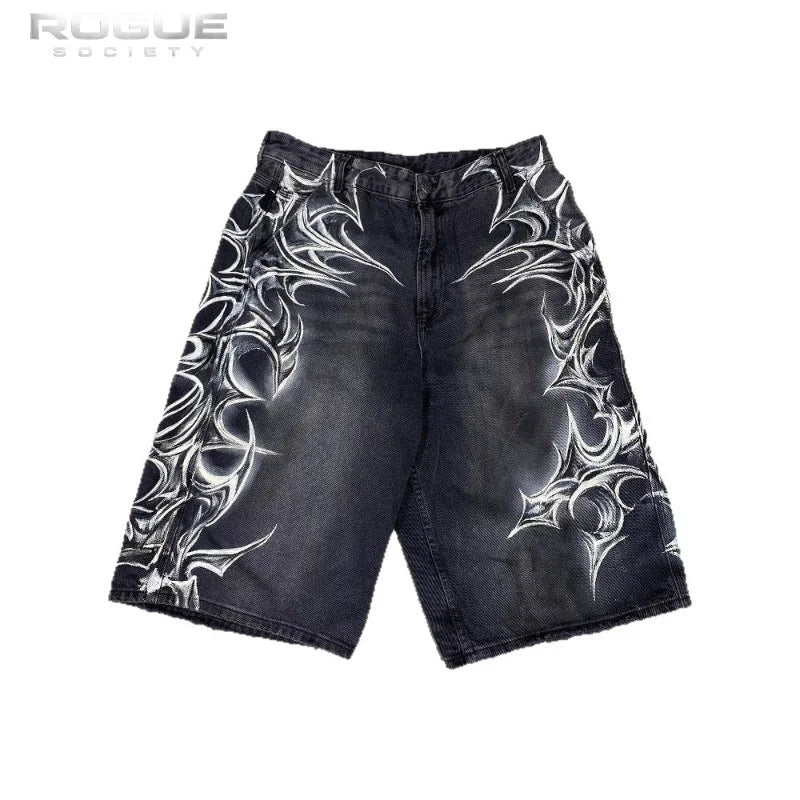 Summer Bermuda HipHop Y2k Baggy Men Jorts Gothic Graphic Print Distressed Wide Leg Denim Shorts Vintage Casual HighStreet Jeans
