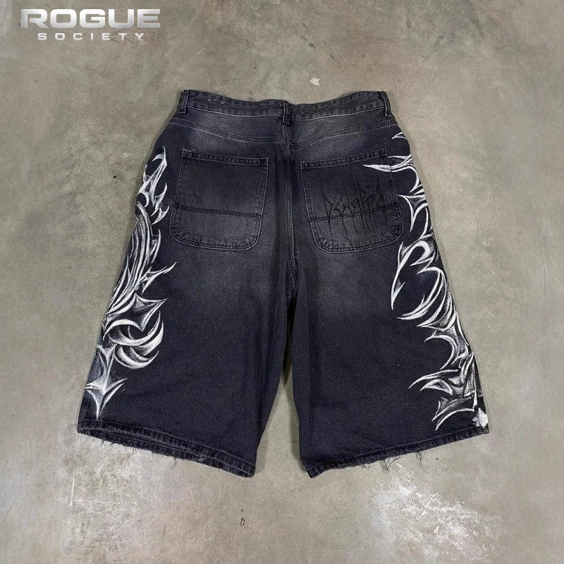Summer Bermuda HipHop Y2k Baggy Men Jorts Gothic Graphic Print Distressed Wide Leg Denim Shorts Vintage Casual HighStreet Jeans