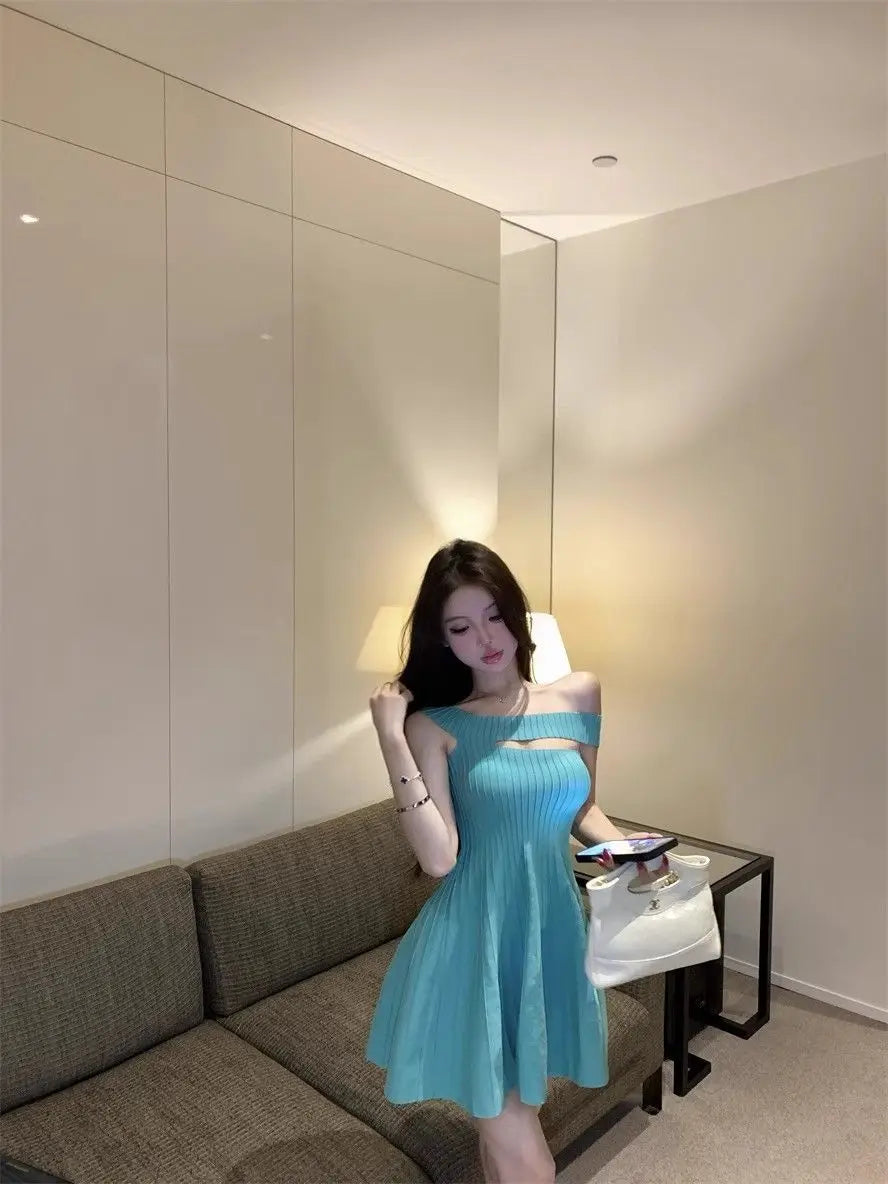 Women's Off Shoulder Knit Mini Dress Hollow Out Chest Flared Skirt Solid Color Party Evening Dress