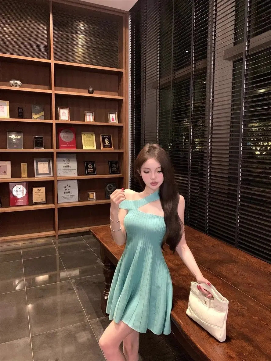 Women's Off Shoulder Knit Mini Dress Hollow Out Chest Flared Skirt Solid Color Party Evening Dress