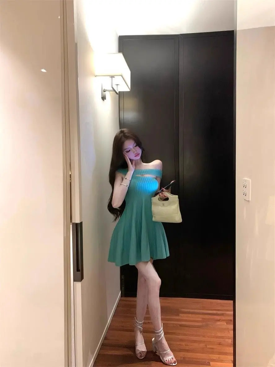 Women's Off Shoulder Knit Mini Dress Hollow Out Chest Flared Skirt Solid Color Party Evening Dress