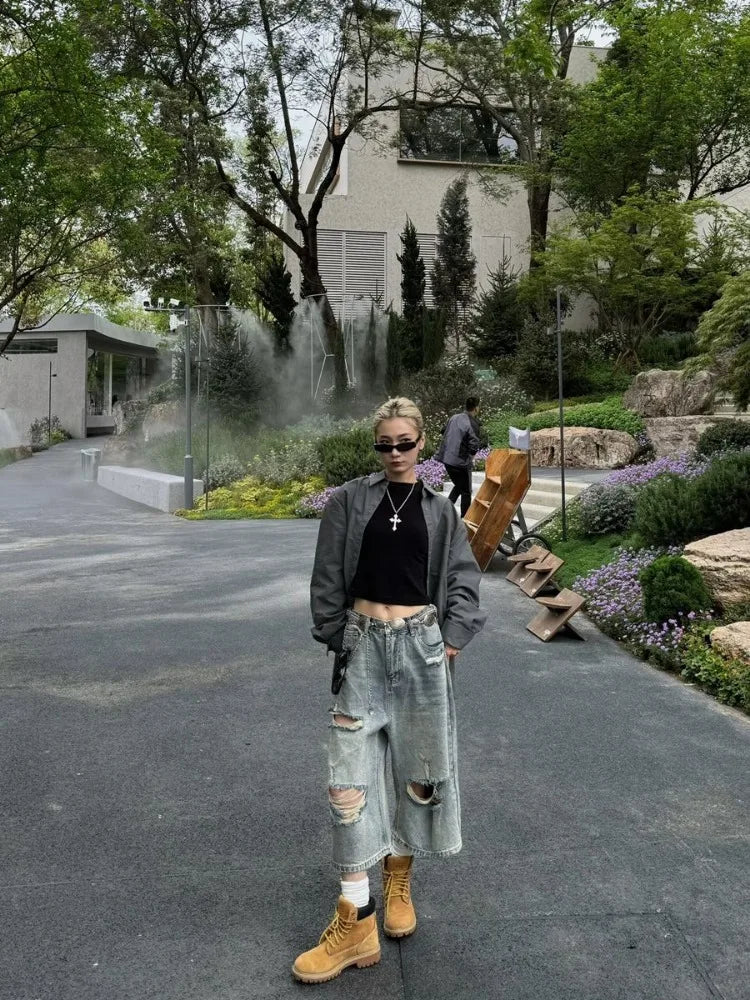 Vintage Blue Ripped Short Jeans Women Oversized Distressed Jorts Y2k Grunge Baggy Boyfriend Denim Shorts Wide Streetwear