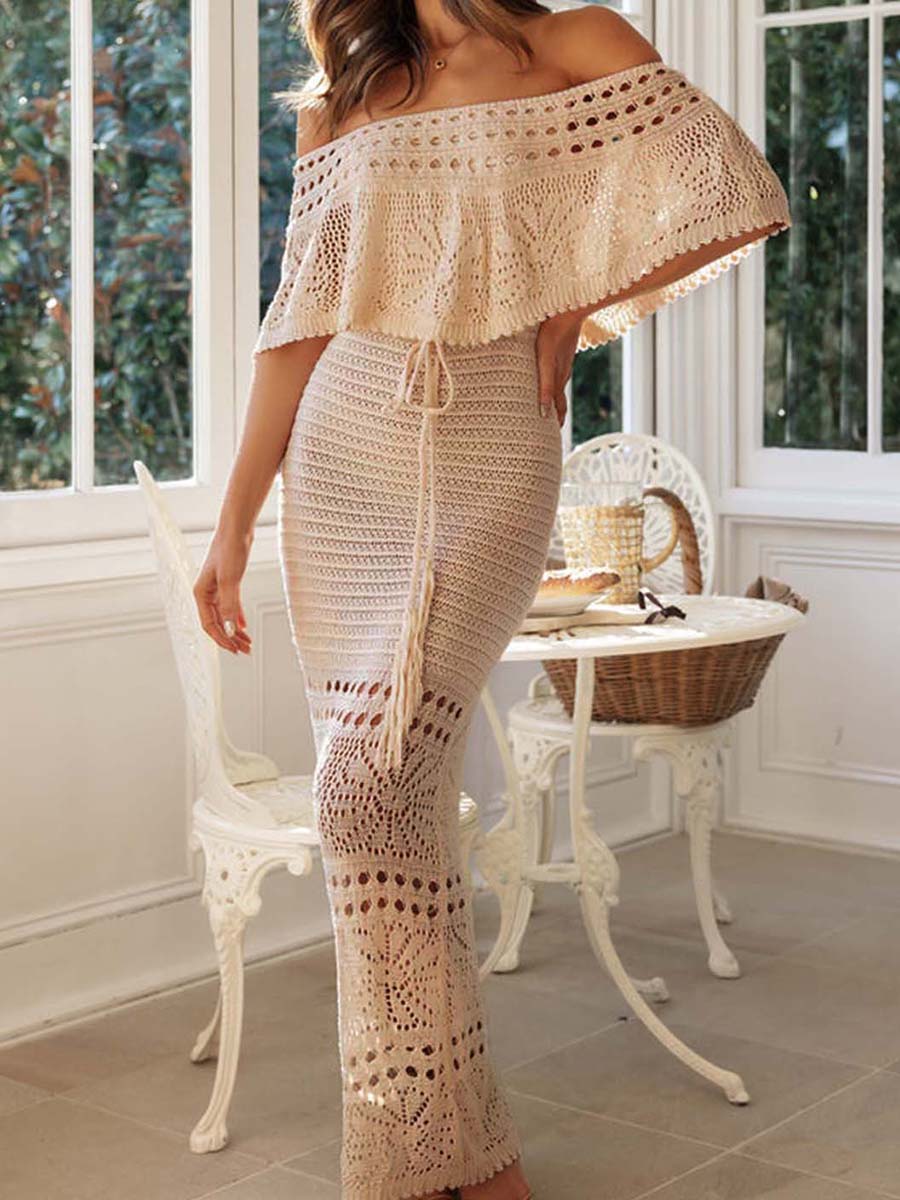 hirigin Elegant Women's Summer Boho Long Tube Top Dress Short Sleeve Off Shoulder Knit Pattern Hollow Tie Up Summer Dress