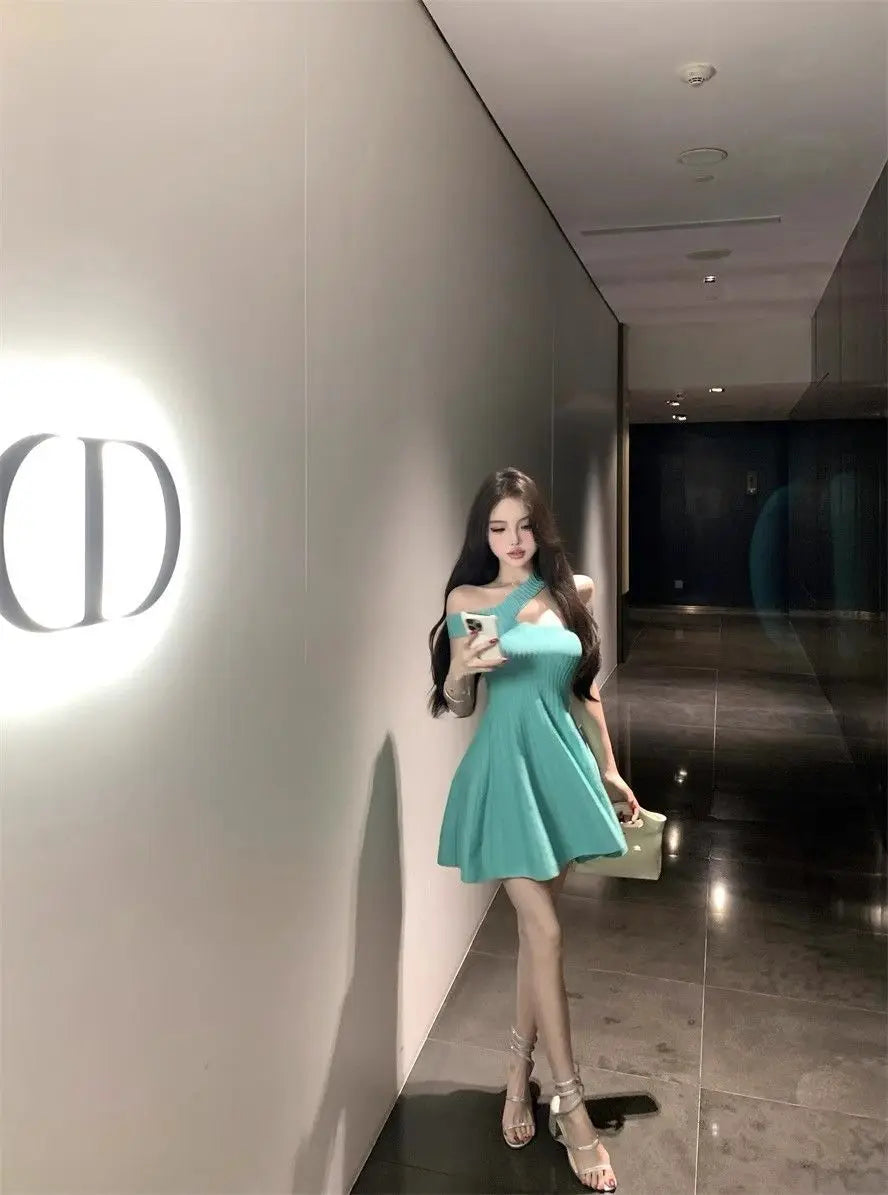 Women's Off Shoulder Knit Mini Dress Hollow Out Chest Flared Skirt Solid Color Party Evening Dress