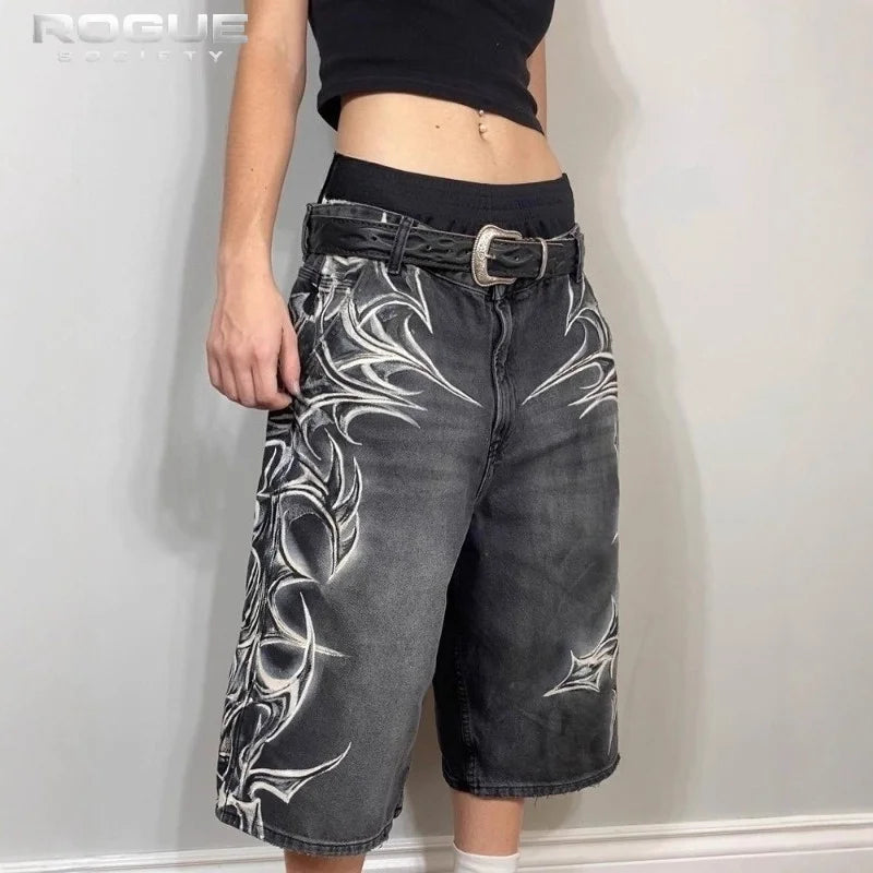 Summer Bermuda HipHop Y2k Baggy Men Jorts Gothic Graphic Print Distressed Wide Leg Denim Shorts Vintage Casual HighStreet Jeans