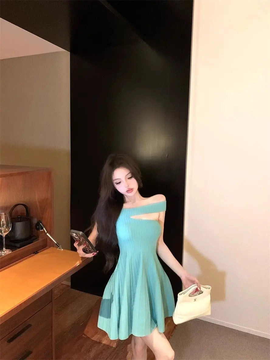 Women's Off Shoulder Knit Mini Dress Hollow Out Chest Flared Skirt Solid Color Party Evening Dress
