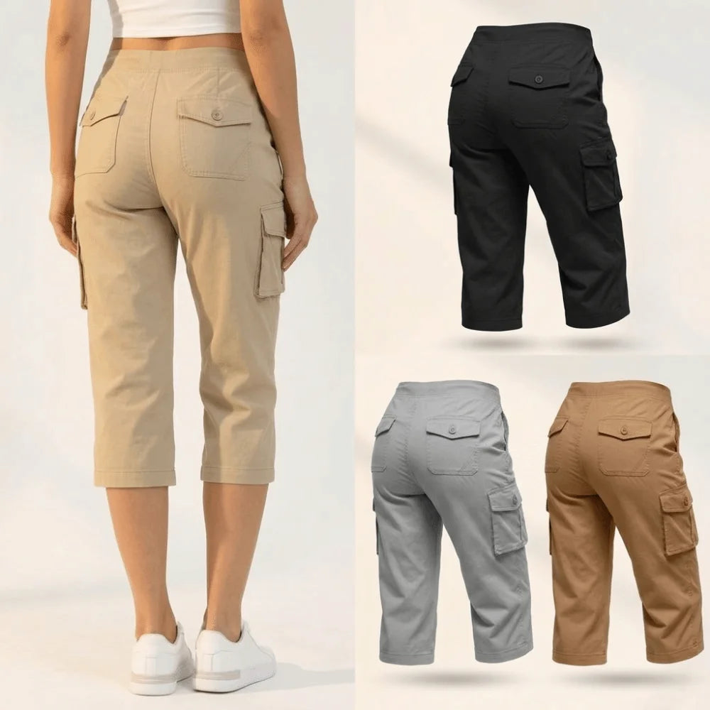 Quick Dry Fabric Women’s Hiking Pants Lightweight Feel Elastic Waistband Capri Pants Multiple Pockets Cropped Length Cargo Pants