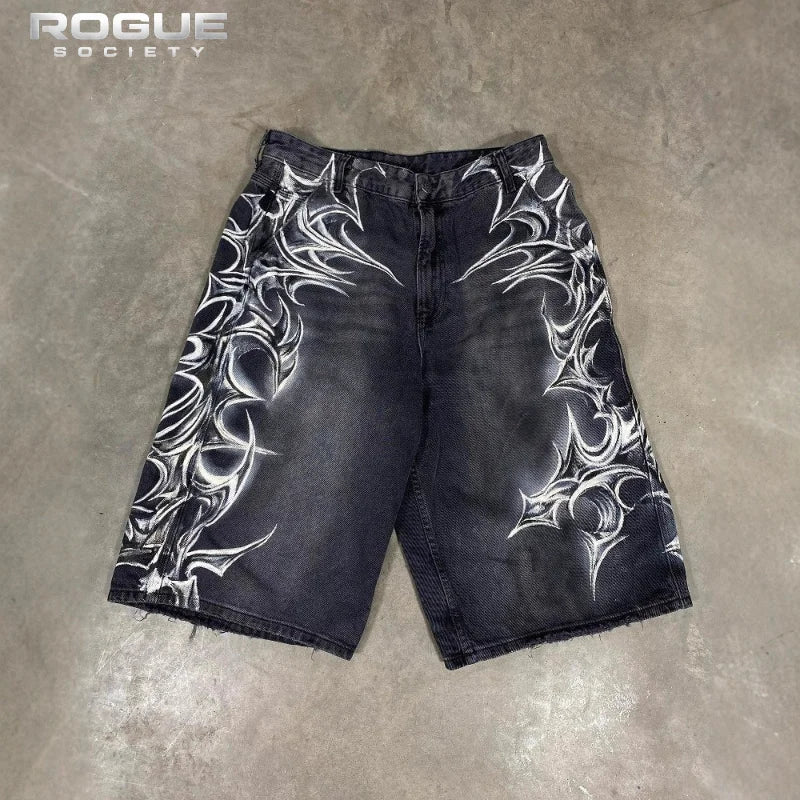 Summer Bermuda HipHop Y2k Baggy Men Jorts Gothic Graphic Print Distressed Wide Leg Denim Shorts Vintage Casual HighStreet Jeans